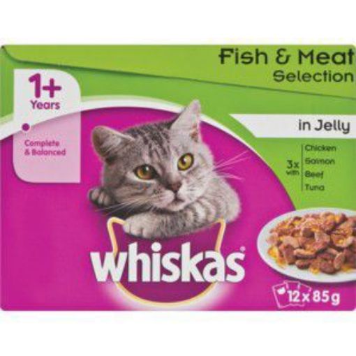 WHISKAS POUCH M/P FISH & MEAT IN JELLY  SELECTION  12`s