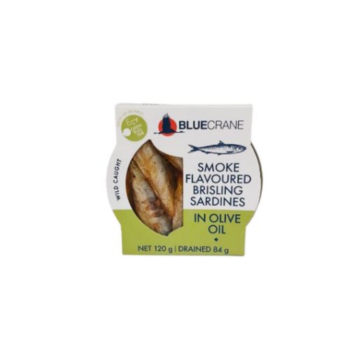 Picture of BLUE CRANE SMOKE BRISLING SARDINES IN OLIVE OIL  120g